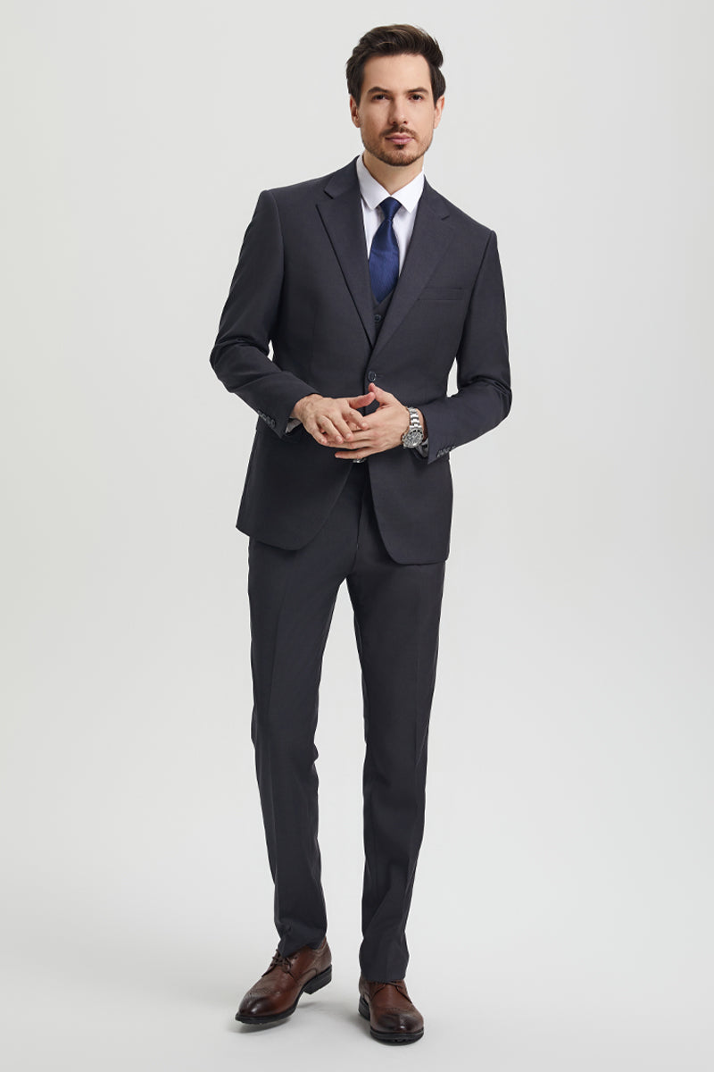 Men's Two Button Vested Stacy Adams Basic Designer Suit in Charcoal Grey
