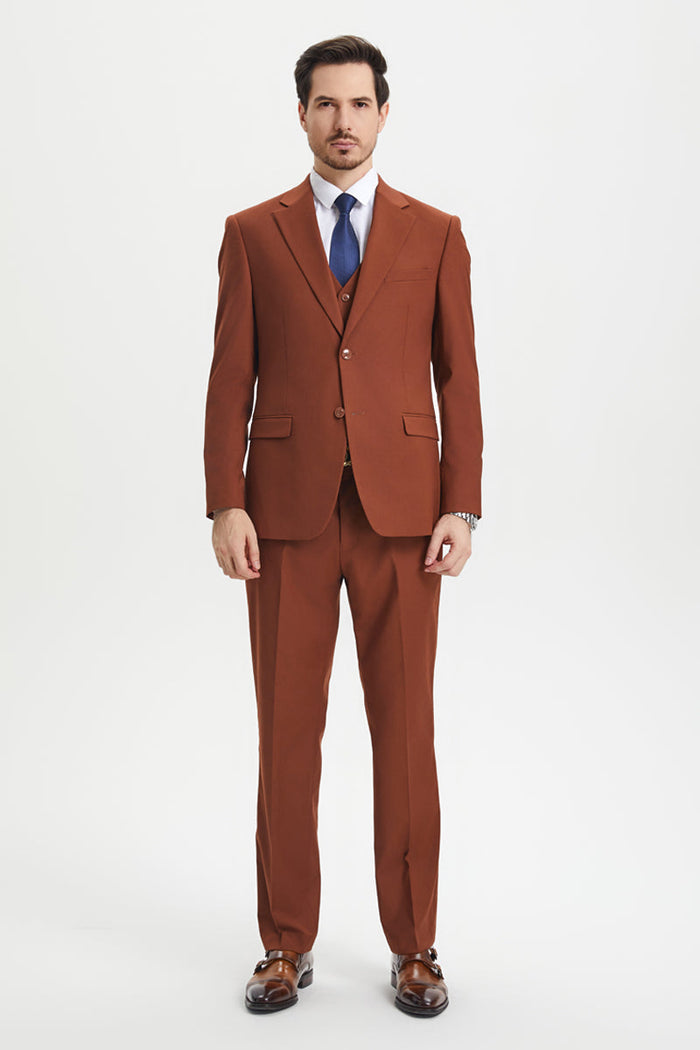 Men's Two Button Vested Stacy Adams Basic Designer Suit in Brown Rust