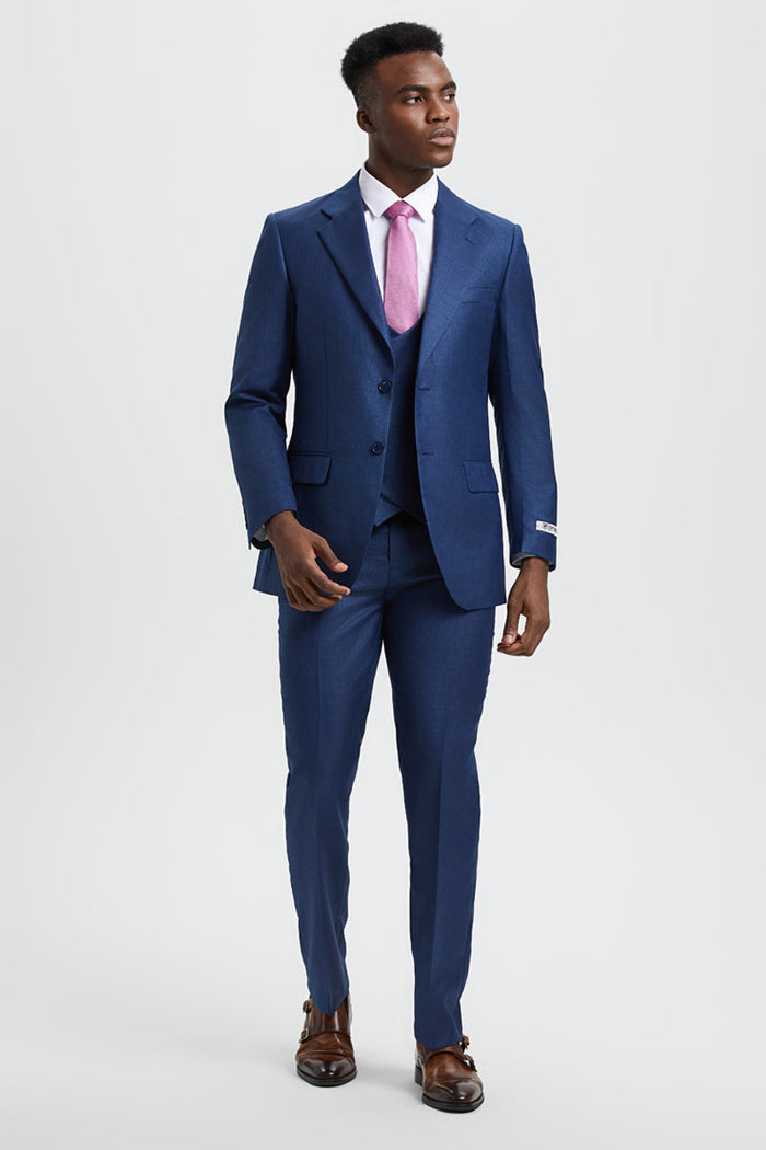 Men's Two Button Vested Stacy Adams Designer Sharkskin Suit in Blue
