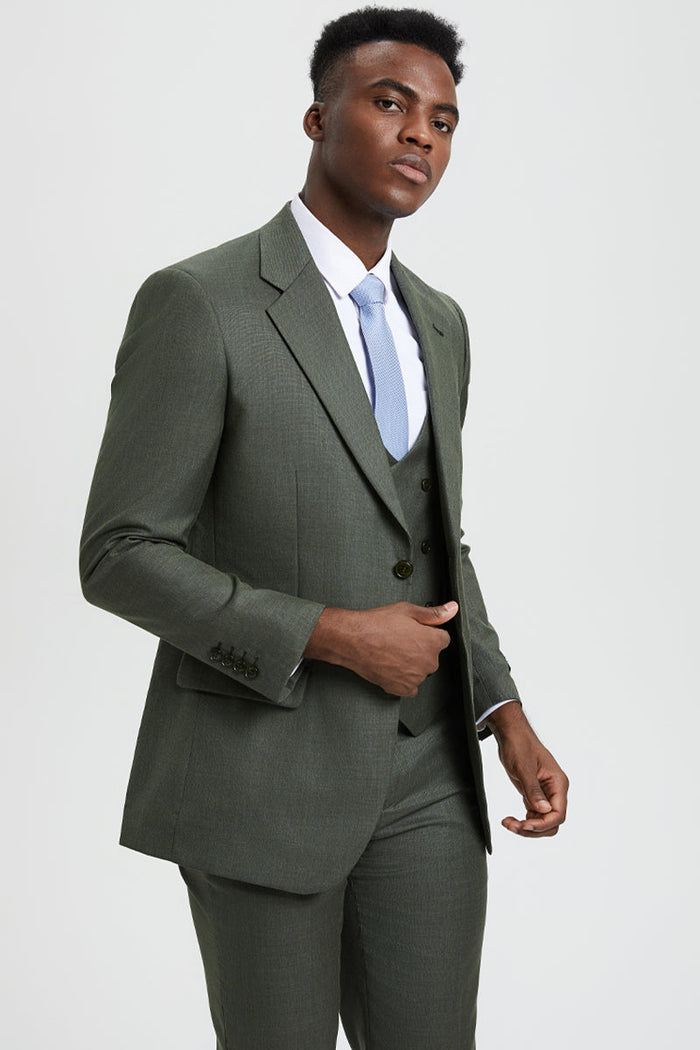 Men's Two Button Vested Stacy Adams Designer Sharkskin Suit in Olive Green