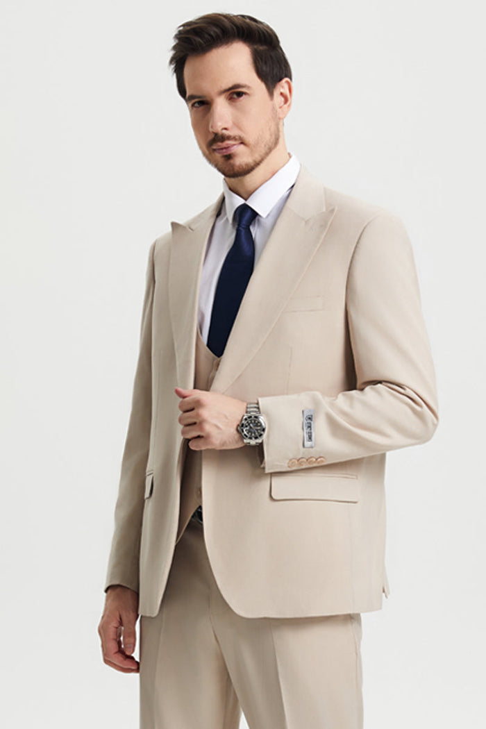 Men's Vested One Button Peak Lapel Stacy Adams Designer Suit in Tan