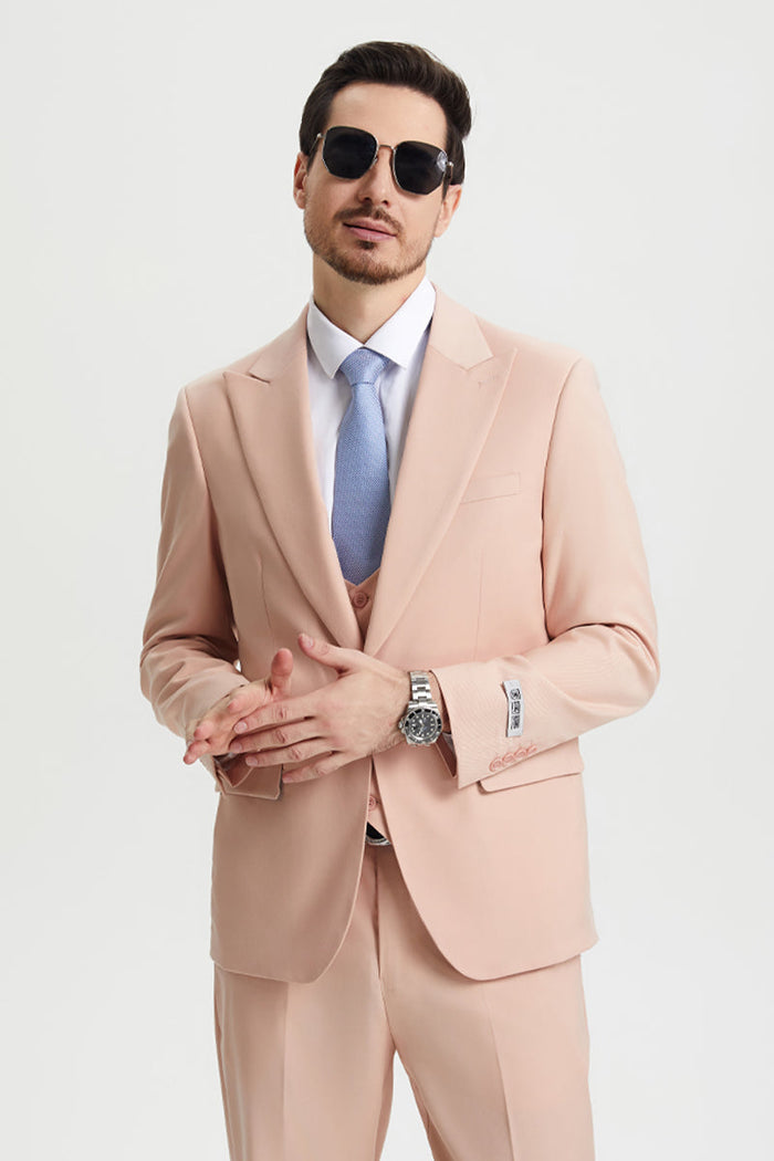 Men's Vested One Button Peak Lapel Stacy Adams Designer Suit in Blush Pink