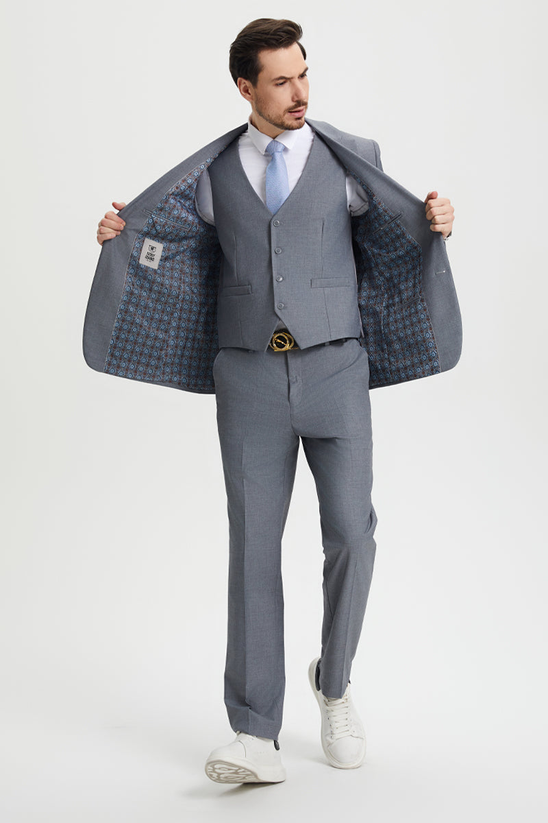 Men's Two Button Vested Stacy Adams Basic Designer Suit in Grey