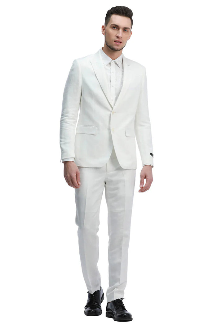 Mens Two Button Peak Lapel Summer Linen Style Beach Wedding Suit in White