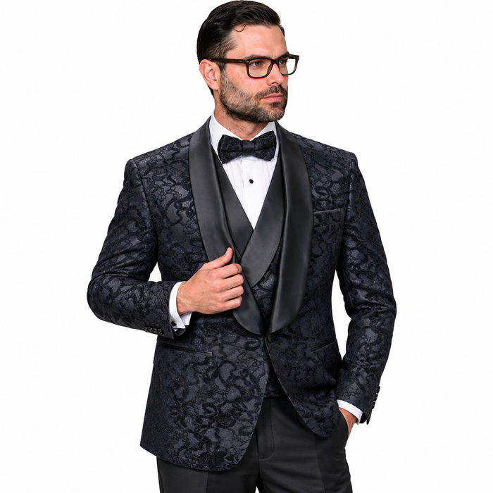 3-Piece Black Lace Tuxedo with Satin Shawl Lapel & Satin Trim