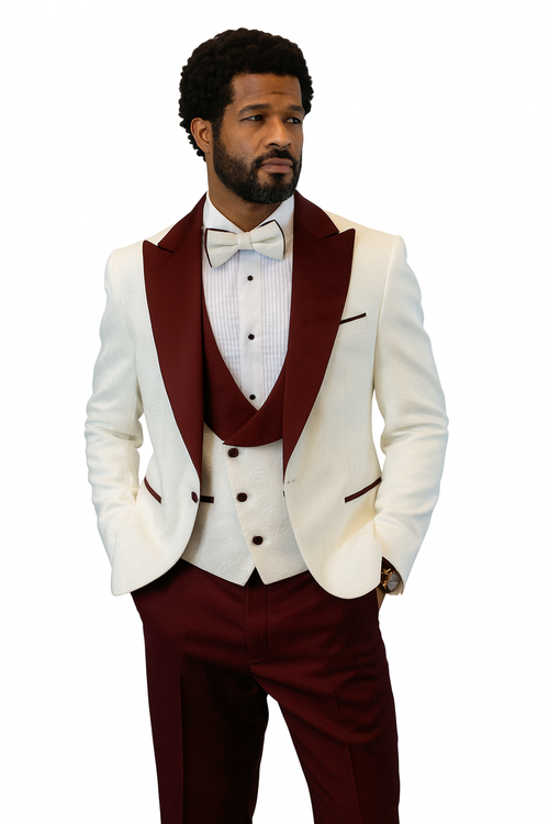 Hilton White and Burgundy Paisley Peak Lapel Tuxedo Jacket with Matching Shawl Vest and Wool Pants - Includes Bow Tie by USA Men's Outlet
