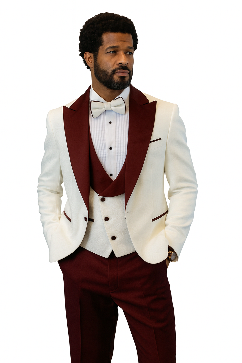 Hilton White and Burgundy Paisley Peak Lapel Tuxedo Jacket with Matching Shawl Vest and Wool Pants - Includes Bow Tie by USA Men's Outlet