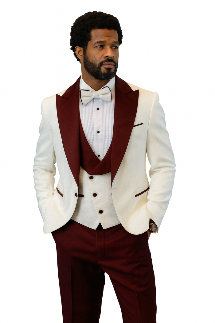 Hilton White and Burgundy Paisley Peak Lapel Tuxedo Jacket with Matching Shawl Vest and Wool Pants - Includes Bow Tie by USA Men's Outlet