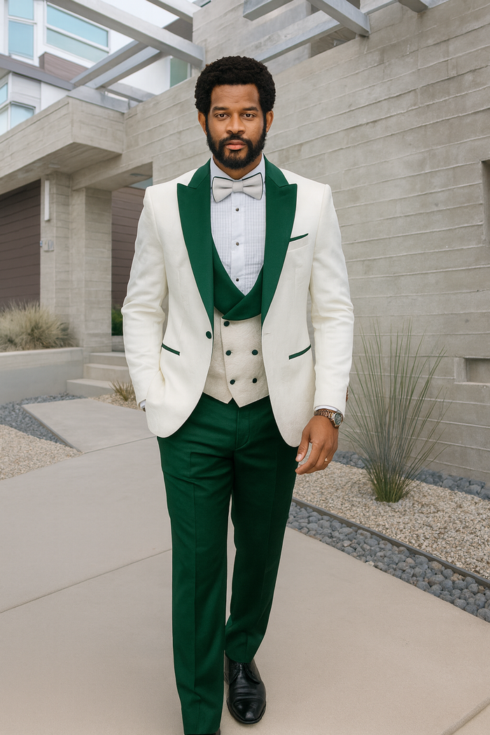 Hilton White and Hunter Green Paisley Peak Lapel Tuxedo Jacket with Matching Shawl Vest and Wool Pants - Includes Bow Tie by USA Men's Outlet