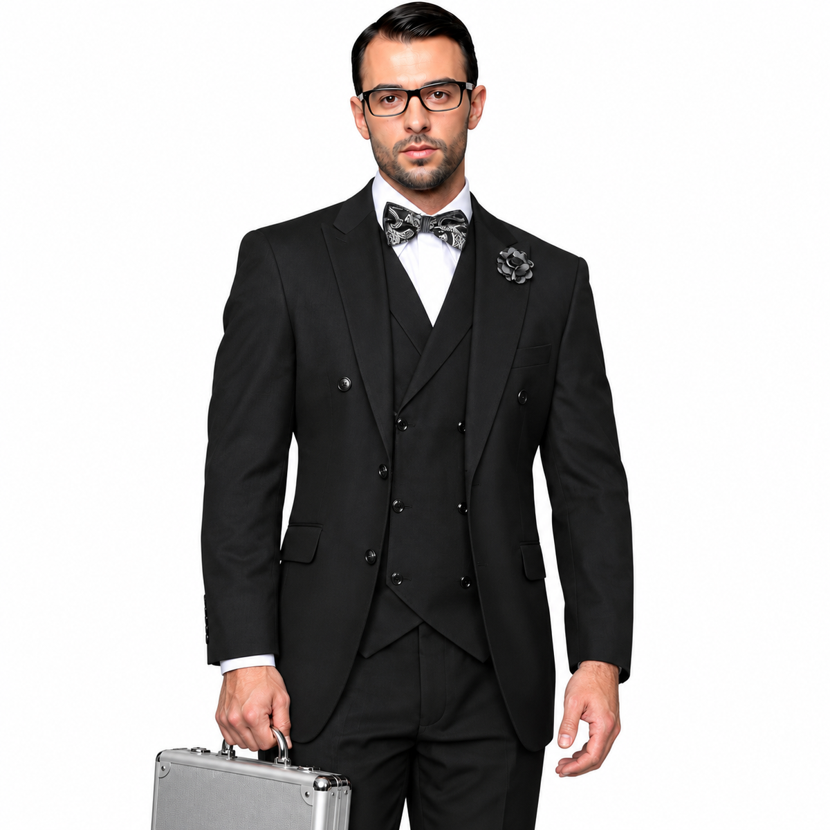 Men’s 3 Piece Classic Fit Suit with Double-Breasted Vest and Pleated Pants - Black