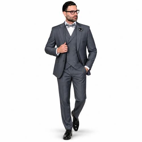 Men’s 3 Piece Classic Fit Suit with Double-Breasted Vest and Pleated Pants - Charcoal