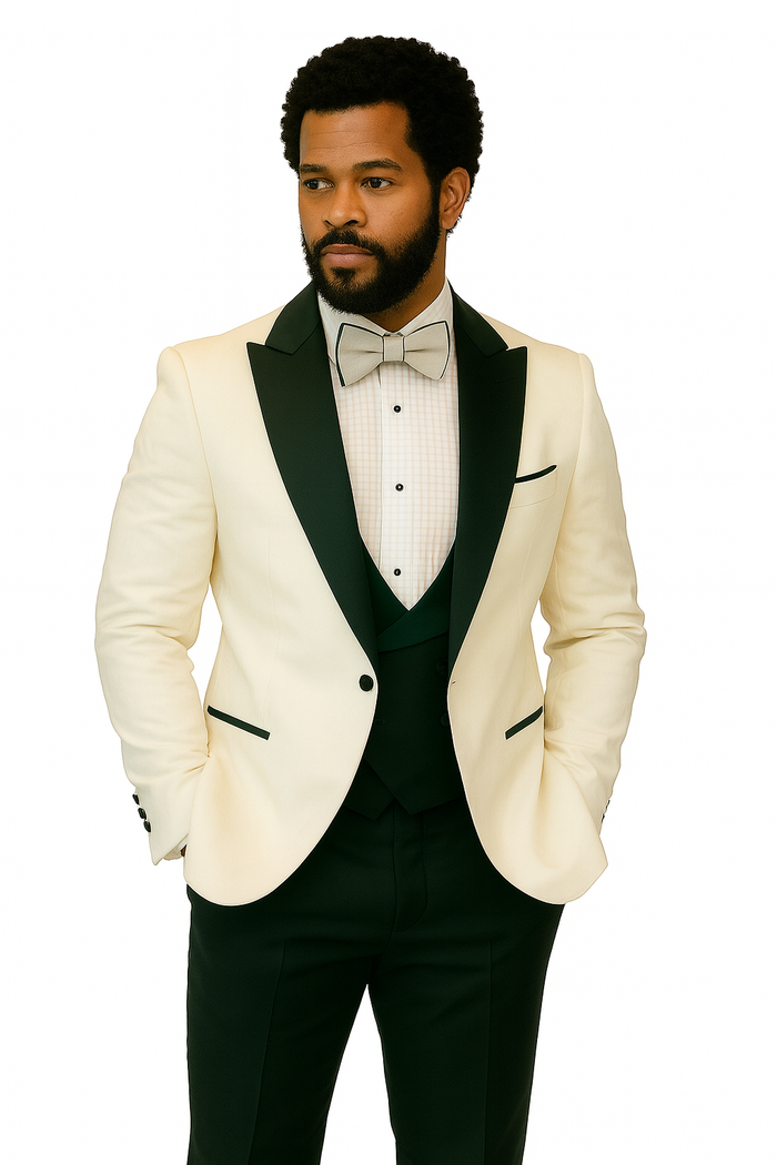 Hilton White and Black Paisley Peak Lapel Tuxedo Jacket with Matching Shawl Vest and Wool Pants - Includes Bow Tie by USA Men's Outlet