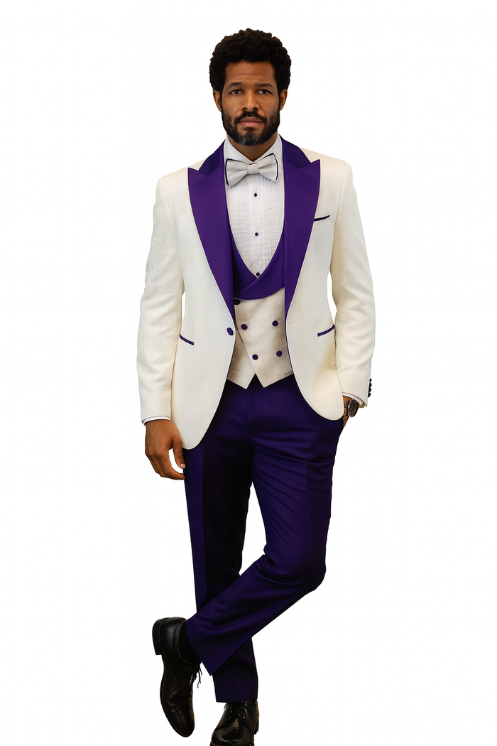 Hilton White and Purple Paisley Peak Lapel Tuxedo Jacket with Matching Shawl Vest and Wool Pants - Includes Bow Tie by USA Men's Outlet