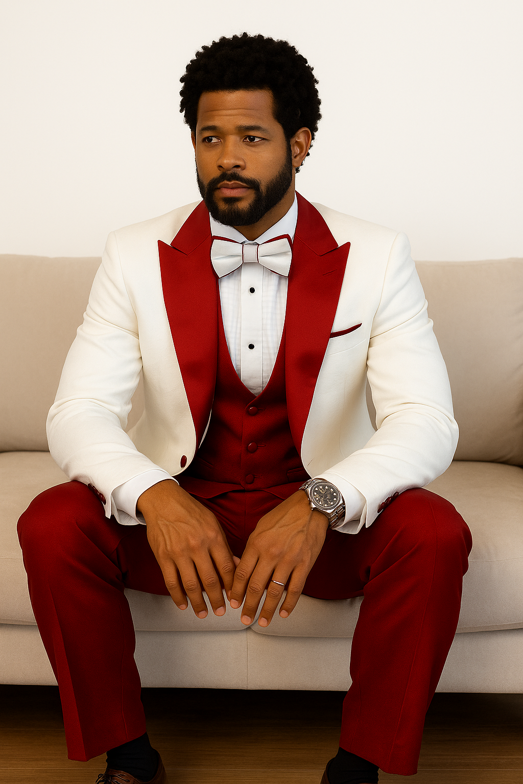 Hilton White and Red Paisley Peak Lapel Tuxedo Jacket with Matching Shawl Vest and Wool Pants - Includes Bow Tie by USA Men's Outlet