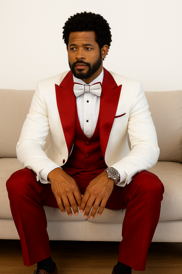 Hilton White and Red Paisley Peak Lapel Tuxedo Jacket with Matching Shawl Vest and Wool Pants - Includes Bow Tie by USA Men's Outlet