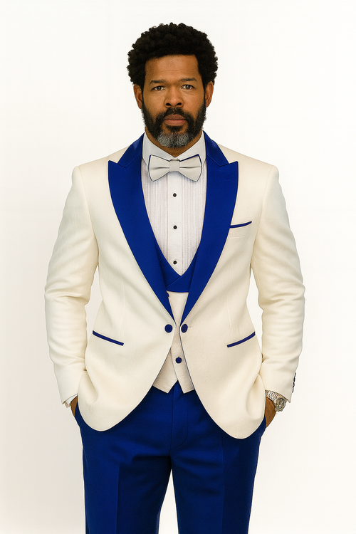 Hilton White and Royal Blue Paisley Peak Lapel Tuxedo Jacket with Matching Shawl Vest and Wool Pants - Includes Bow Tie by USA Men's Outlet