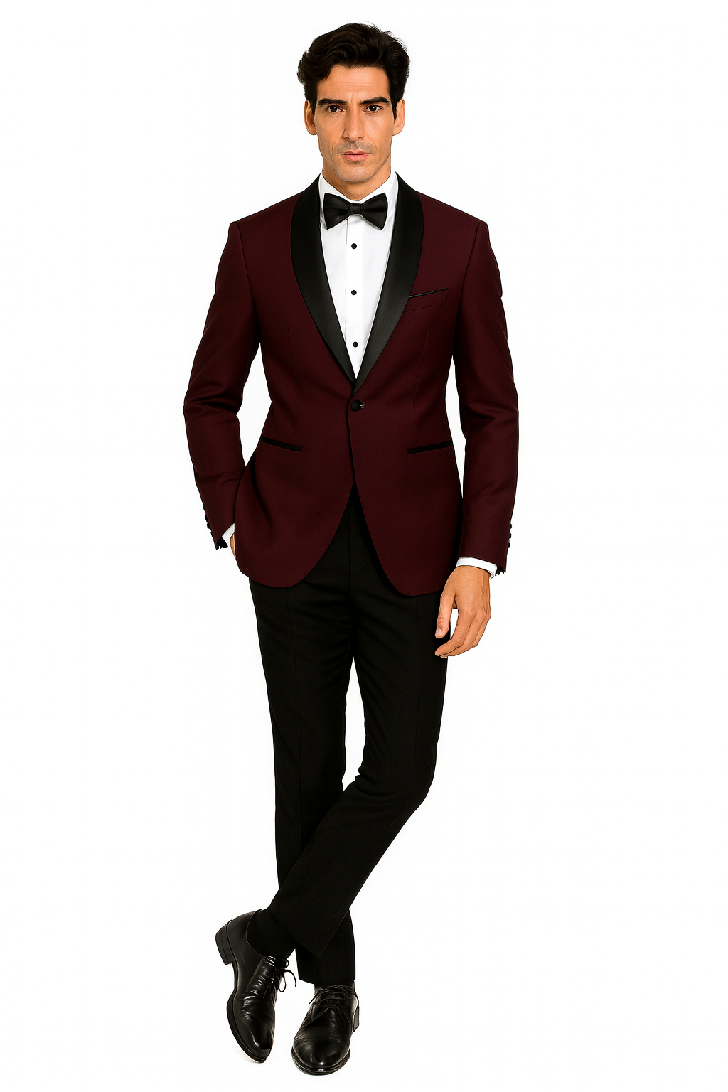 Prom Tuxedo - Wedding Suit - Groom Suit MEN'S BURGUNDY WITH BLACK LAPEL VESTED 100% WOOL TUXEDO