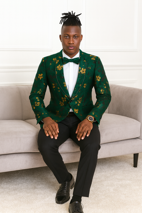 Tailors Tazio Tailors Men's Slim Fit Paisley Foiled Blazer - Hunter Green & Gold for Prom & Weddings