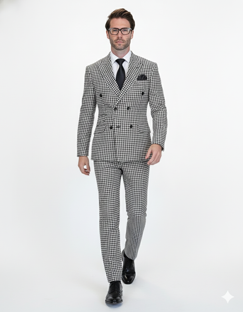 Double Breasted Suits - Vested Suits Wool Fabric - Black Houndstooth Suit by USA Men's Outlet