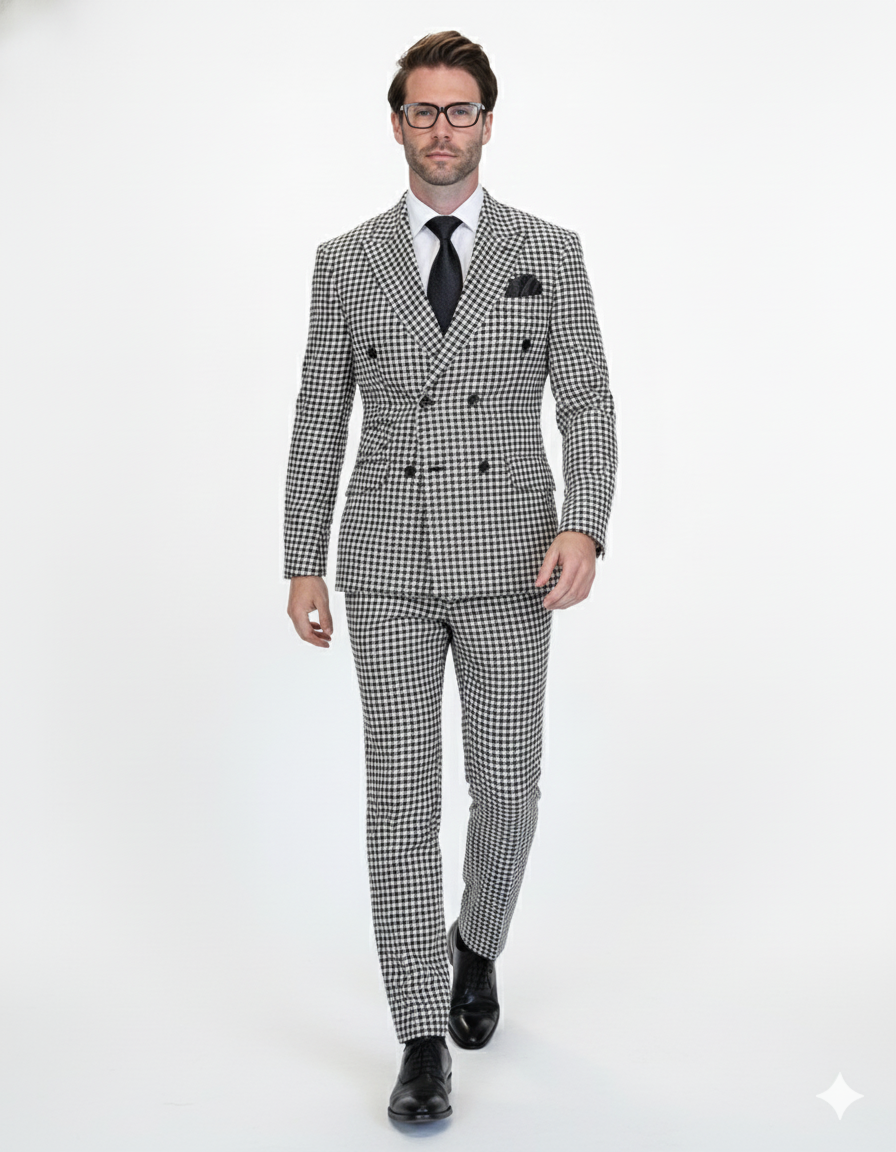Double Breasted Suits - Vested Suits Wool Fabric - Black Houndstooth Suit by USA Men's Outlet