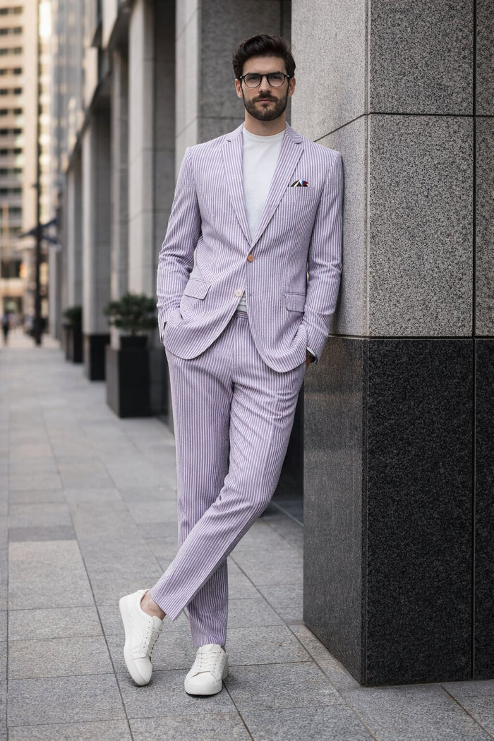 Mens Lavender Seersucker Suit Blazer + Pants Cotton Fabric - Summer Fabric by USA Men's Outlet