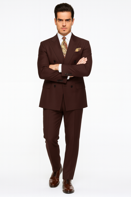 Double Breasted Suits - Vested Suits - Solid Brown Suit - Vested 3 Piece Modern Fit Suit