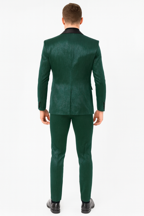 Mens Emerald Green Shiny Stripe Tuxedo Suit – Slim Fit 2-Piece Satin Lapel Dinner Jacket and Pants Ultra slim fit