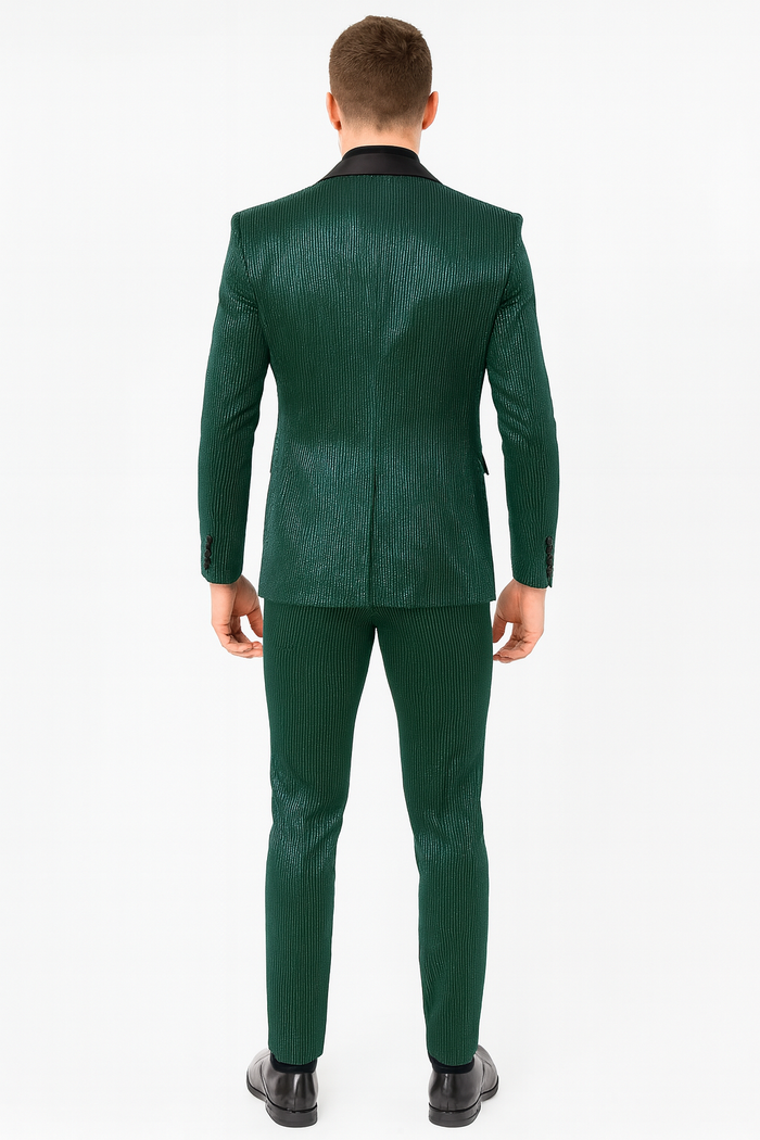 Mens Emerald Green Shiny Stripe Tuxedo Suit - Slim Fit 2-Piece Satin Lapel Dinner Jacket and Pants Ultra slim fit by USA Men's Outlet