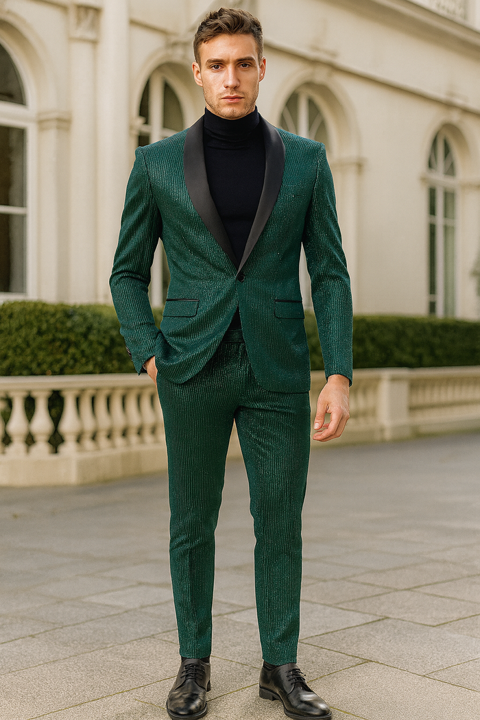 Mens Emerald Green Shiny Stripe Tuxedo Suit - Slim Fit 2-Piece Satin Lapel Dinner Jacket and Pants Ultra slim fit by USA Men's Outlet