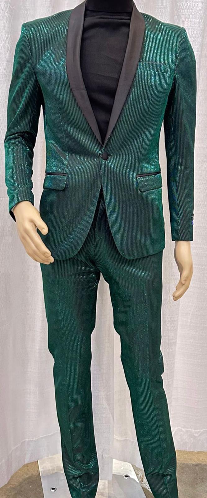Mens Emerald Green Shiny Stripe Tuxedo Suit - Slim Fit 2-Piece Satin Lapel Dinner Jacket and Pants Ultra slim fit by USA Men's Outlet