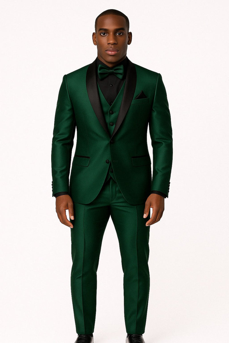 Mens Emerald Green Tuxedo with Black Satin Shawl Lapel – 3 Piece Formal Suit with Vest