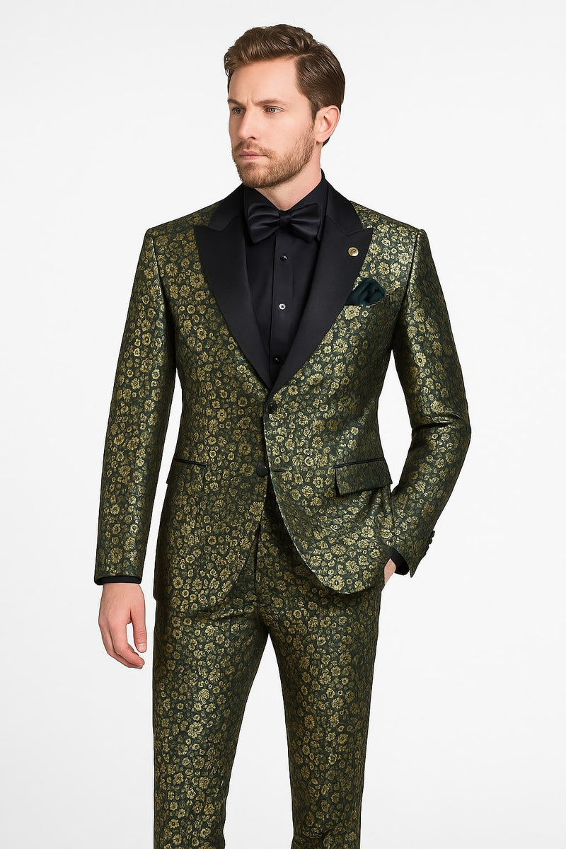 tux with emerald green dress Men's Green and Gold Embroidered Tuxedo Suit, 3-piece Prom Suit for Men