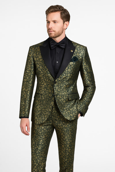 Emerald Green and Gold Floral Tuxedo Suit for Men Perfect Prom or Wedding Suit