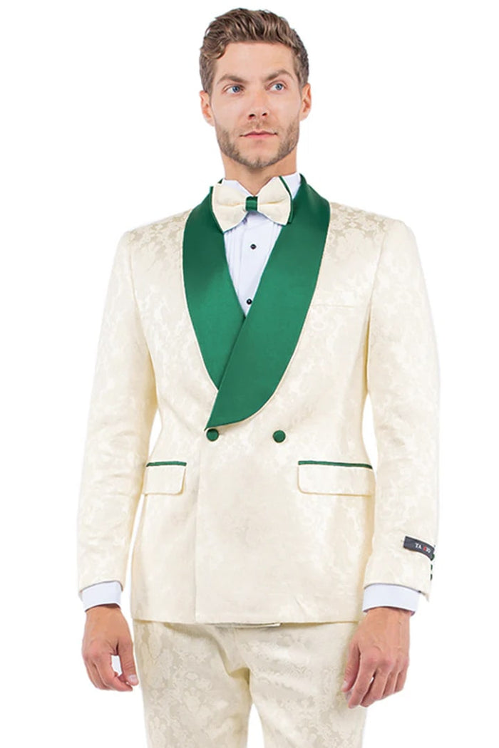 Emerald Green Prom Suit - Green homecoming suits - Men's Slim Fit Double Breasted Paisley Smoking jacket Prom and Emerald Green and Ivory Wedding Tuxedo