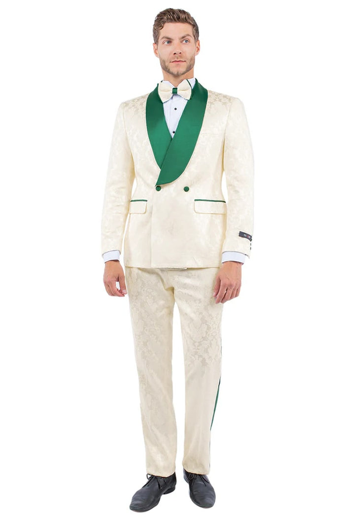 Emerald Green Prom Suit - Green homecoming suits - Men's Slim Fit Double Breasted Paisley Smoking jacket Prom and Emerald Green and Ivory Wedding Tuxedo