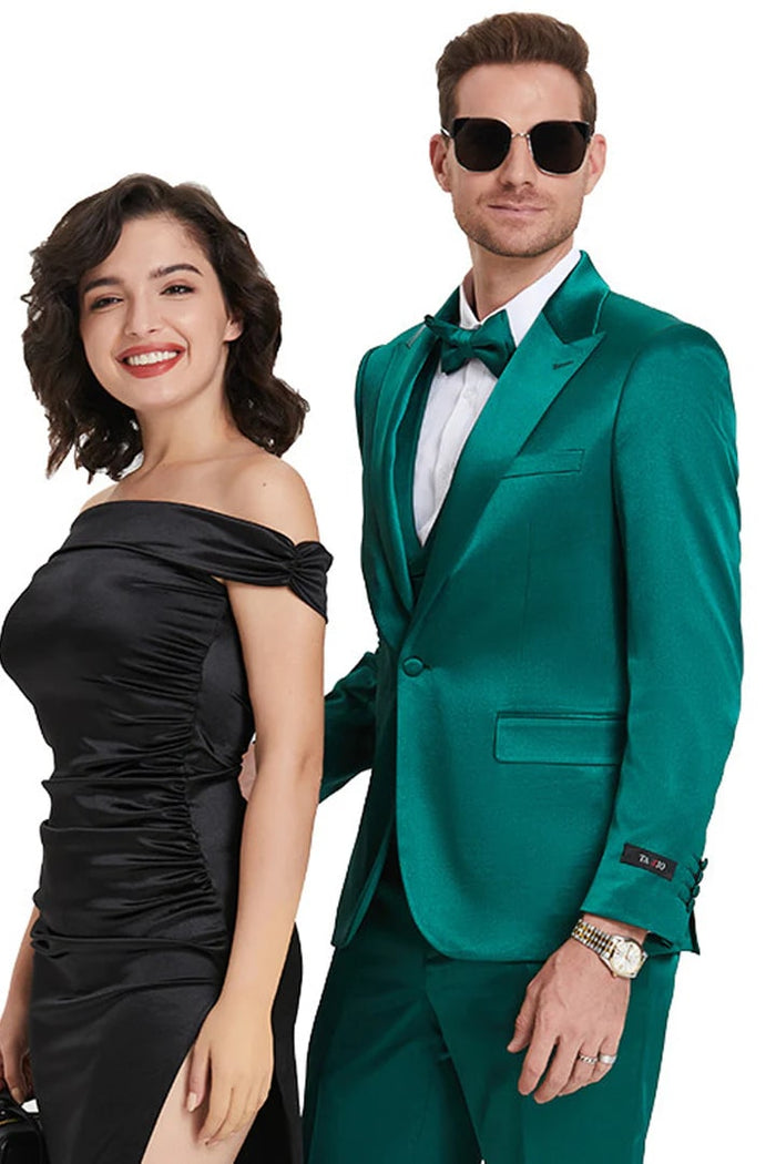 Emerald Green Prom Suit - Green homecoming suits - Men's One Button Vested Shiny Satin Sharkskin Prom and Wedding Emerald Green Party Suit Emerald Green Prom Dress
