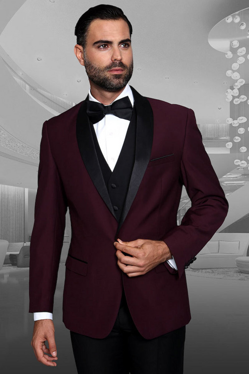 Men's Burgundy Vested Dinner Jacket by Statement Suits