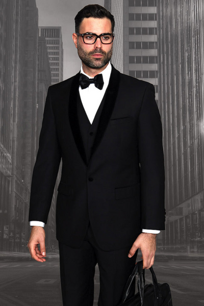 Men's Classic Black Vested Tuxedo with Velvet Lapel