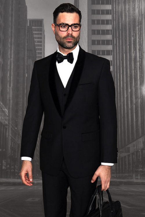 Men's Classic Black Vested Tuxedo with Velvet Lapel