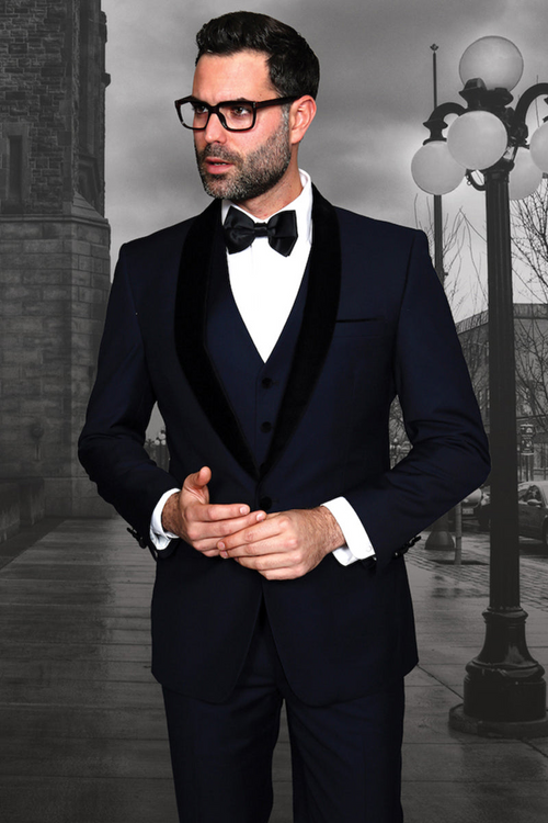 Men's Navy Vested Dinner Jacket with Velvet Lapel