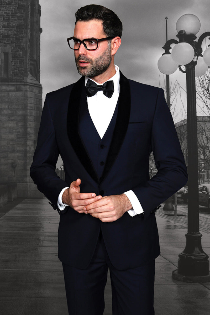 Men's Navy Vested Dinner Jacket with Velvet Lapel