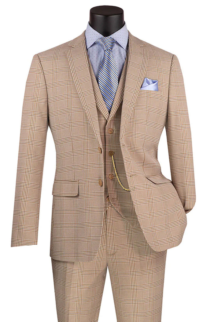 Men's Slim Fit Glen Plaid Summer Business Suit with Vest, Beige by Vinci