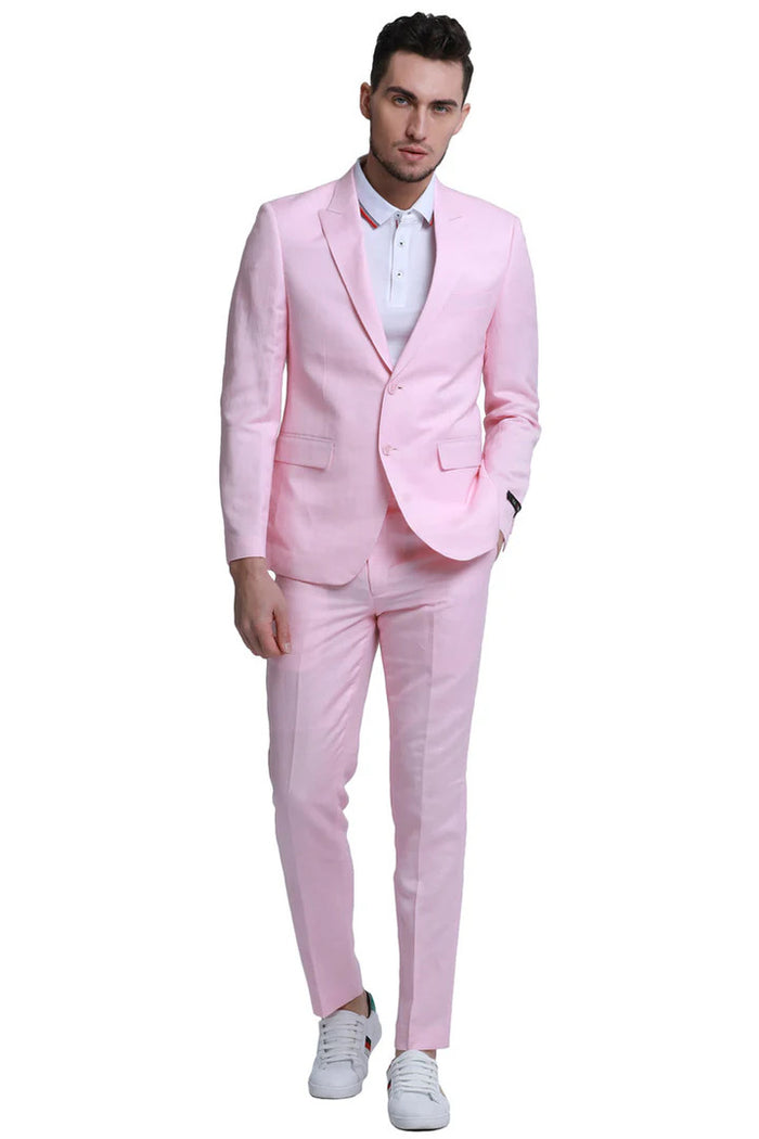 Mens Two Button Peak Lapel Summer Linen Style Beach Wedding Suit in Pink