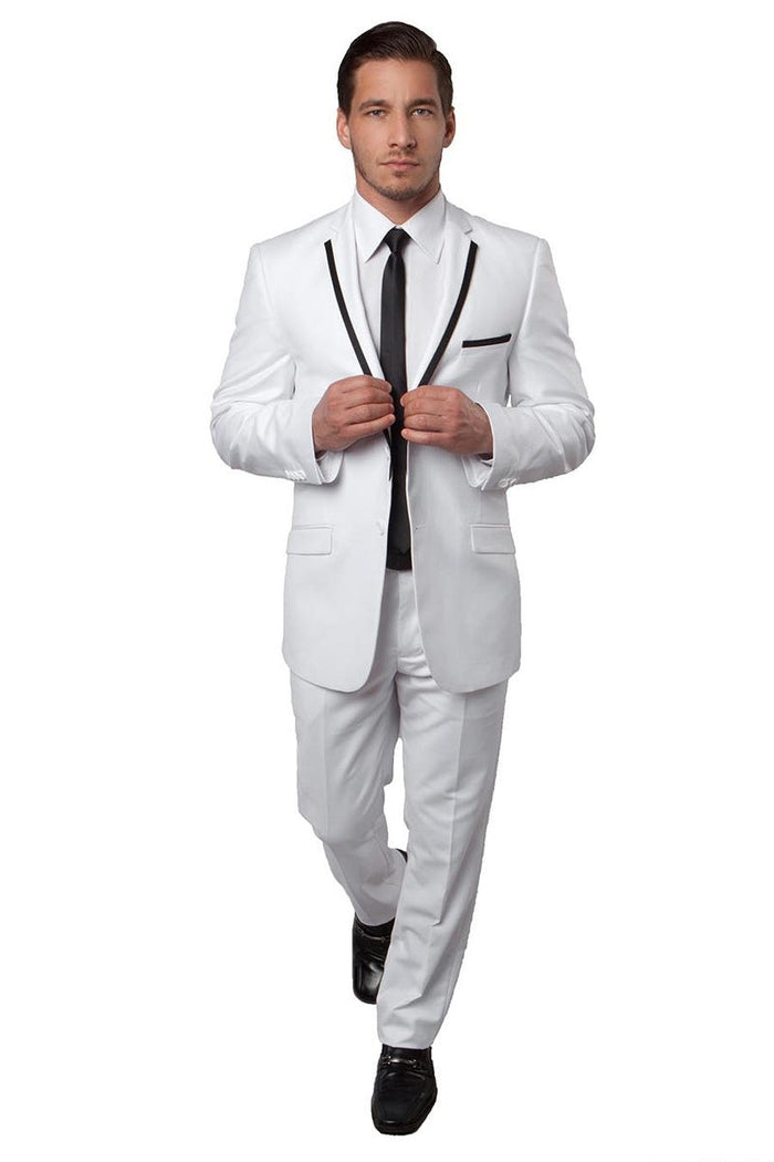 White Slim Fit Men's Tuxedo Suit with Black Piping - Wedding & Prom by Tazzio