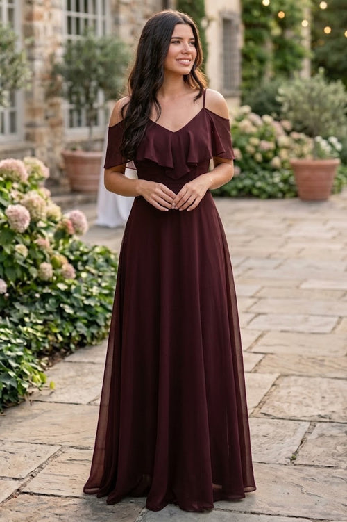 Cold Shoulder Chiffon Maxi Dress with Ruffle Overlay by Eva USA 3263