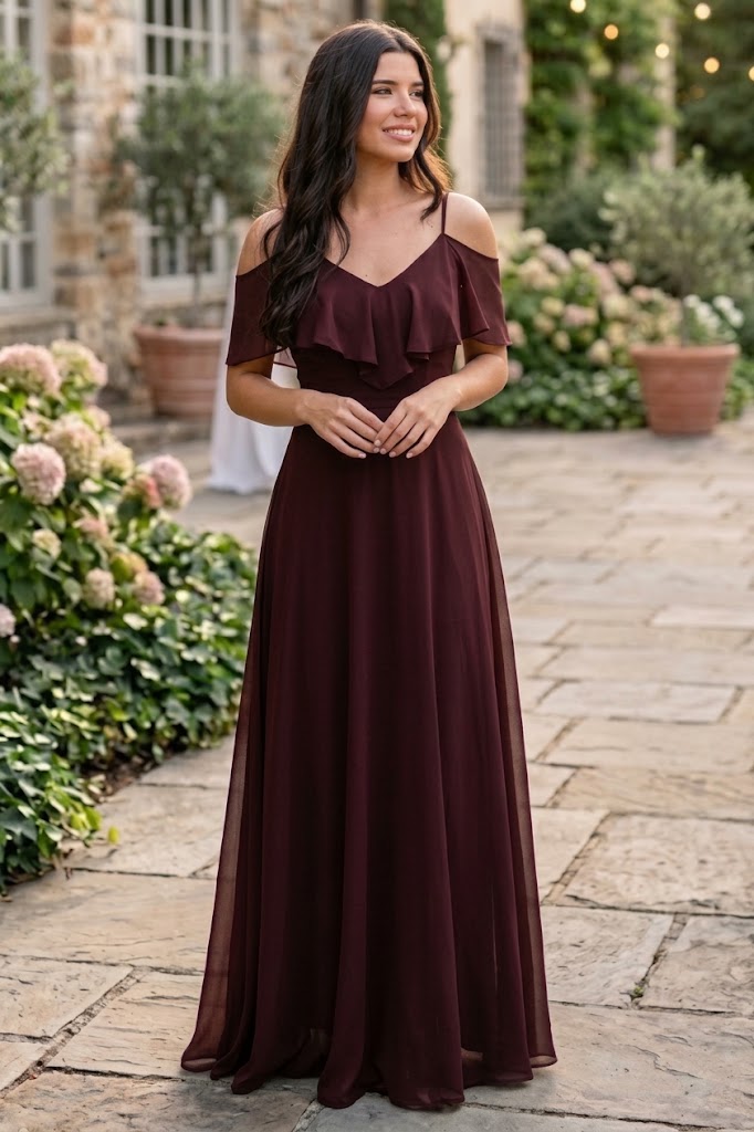 Cold Shoulder Chiffon Maxi Dress with Ruffle Overlay by Eva USA 3263