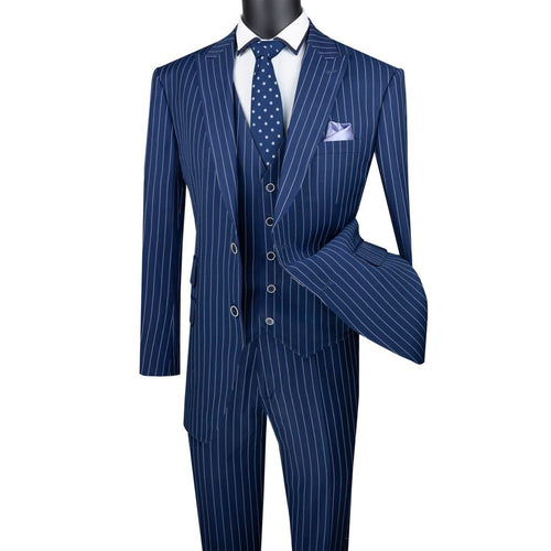 Men's blue gangster stripe 3-piece regular fit suit with vest and peak lapel jacket