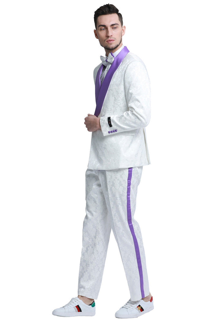 Paisley Men's Slim Fit Double Breasted Smoking Jacket - White & Purple Wedding Tuxedo by Tazzio