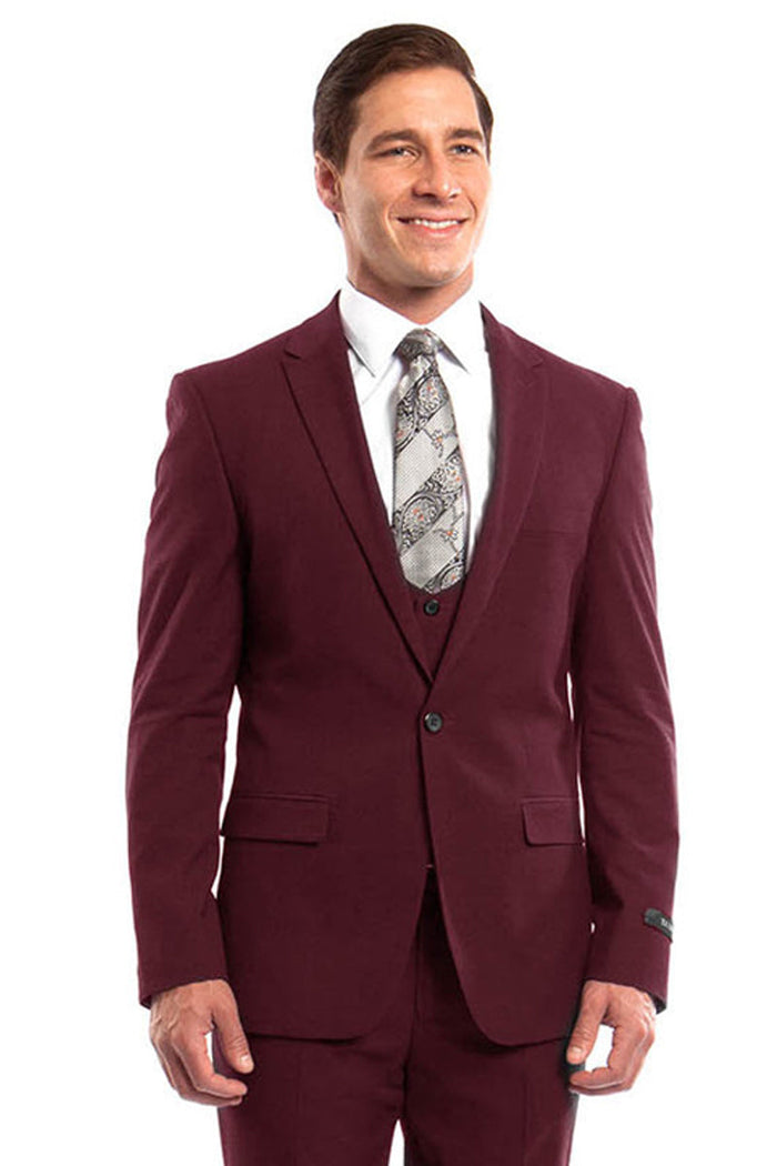 Men's Burgundy Peak Lapel Suit for Weddings and Prom
