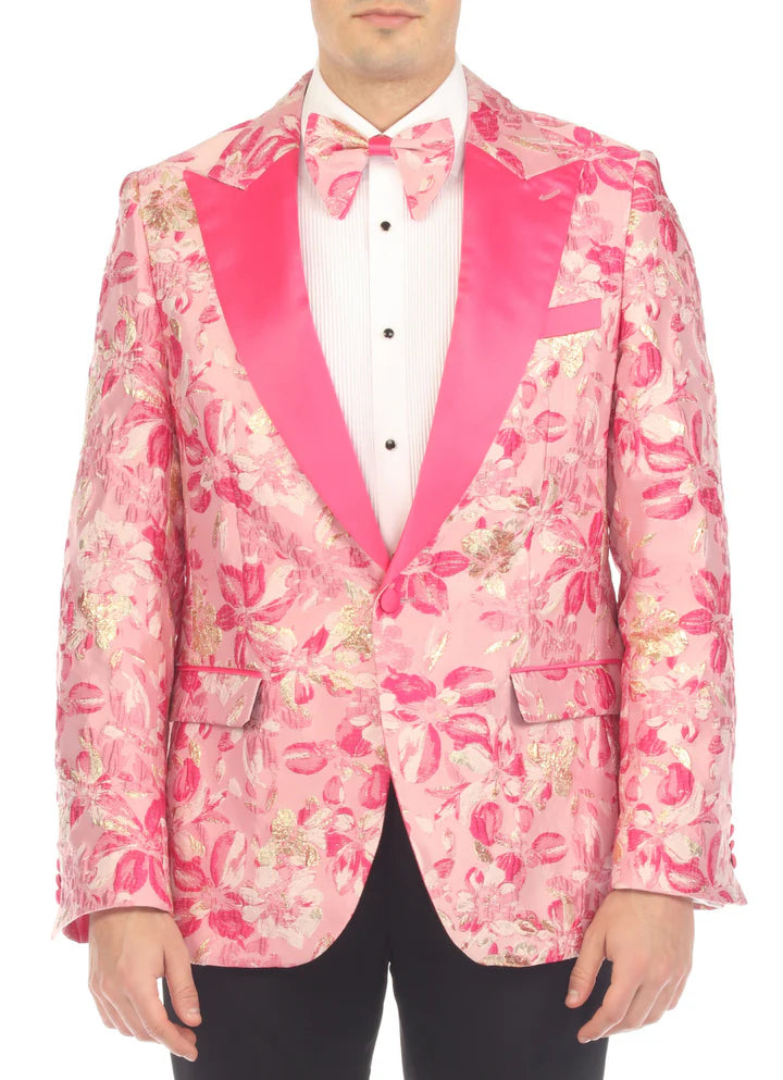 Men’s Drake Fuchsia Floral Tuxedo Blazer – Slim Fit Peak Lapel 1 Button Prom Dinner Jacket for Weddings & Formal Events